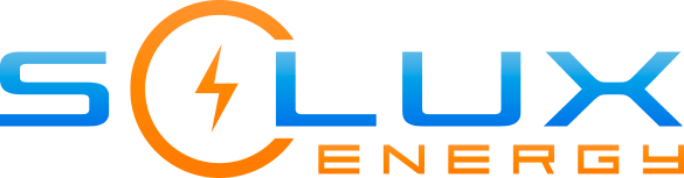 solux energy logo - blue letters with slight gradient. orange letters for the word energy. the O in solux is a circle with a lightning bolt in the middle