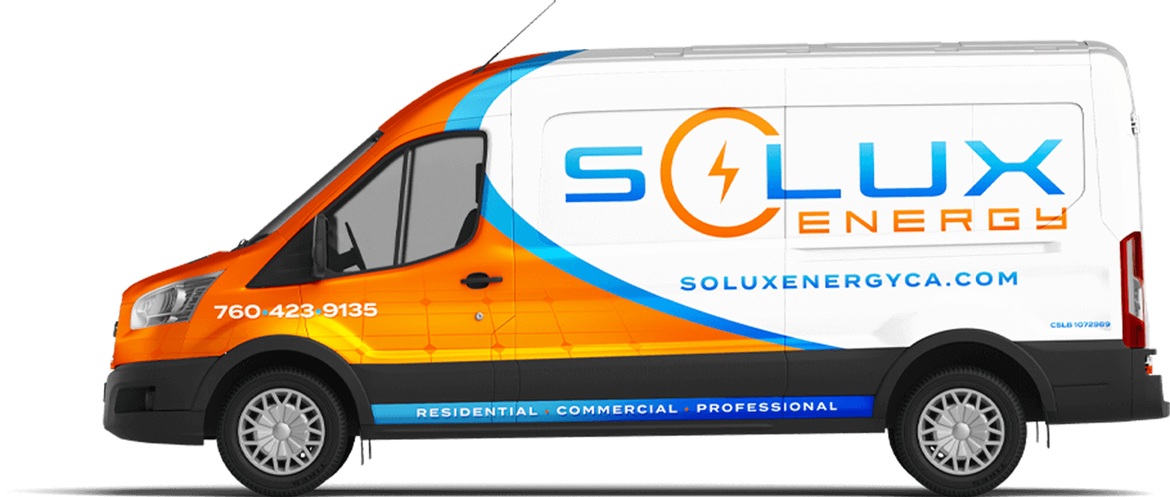white and orange van with solux energy branded ornamentation all over the van. looks very sleek and professional